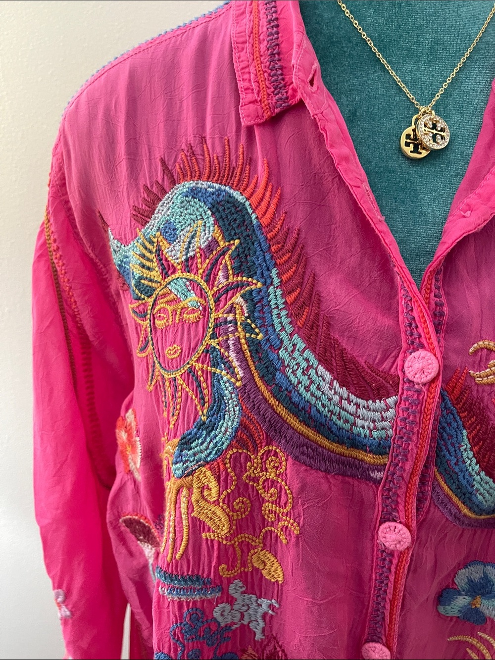 Johnny Was Hot Pink Embroidered Button-Down Shirt - Picture 3 of 11